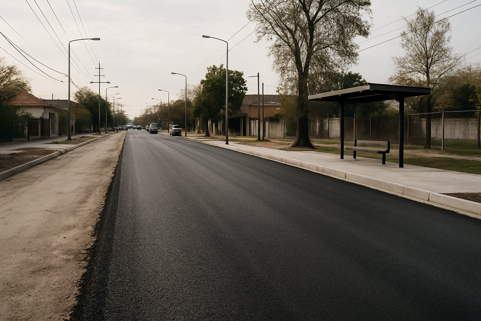 Escena ilustrativa de repavimentación de una avenida del Conurbano, con luminarias y refugio de colectivos
